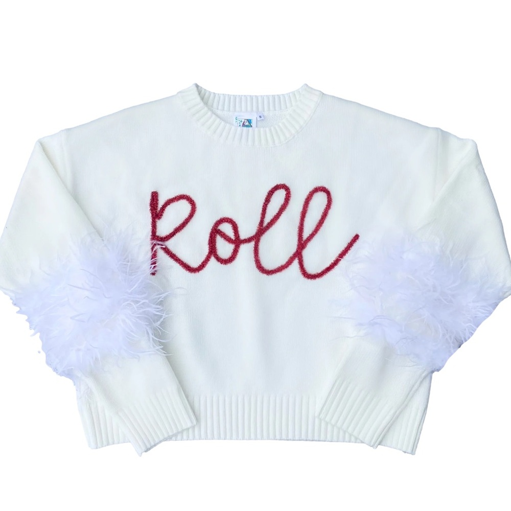 Queen d Sparkles “Roll" Feather Sleeve Sweater